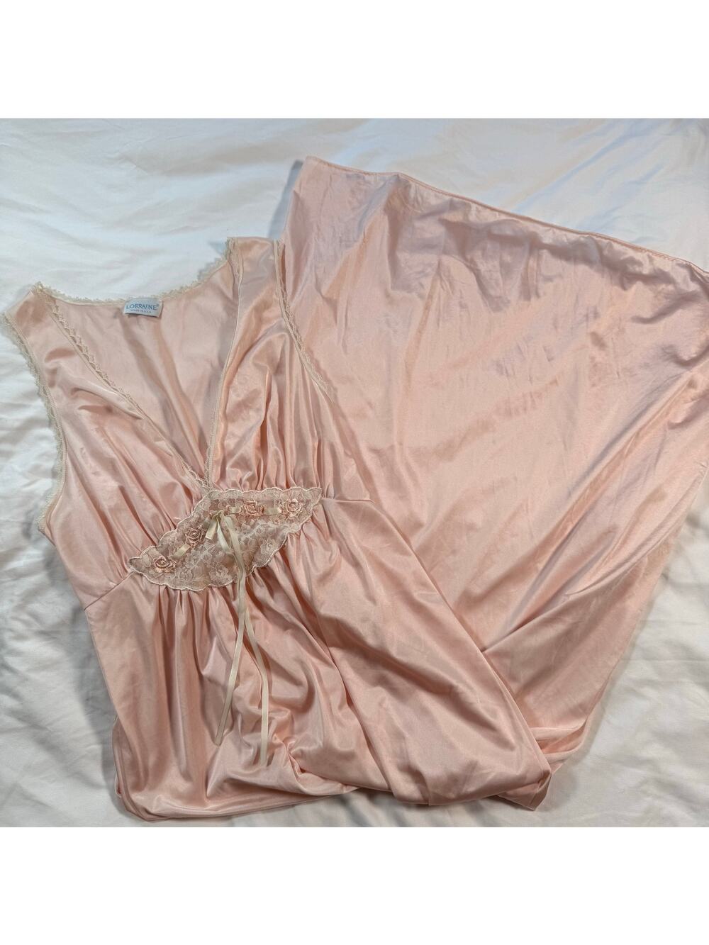 Vintage Lorraine pink nylon sweep nightgown floral lace womens medium